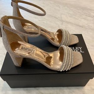 Badgley Mischka Collection Kameryn Ankle Strap Sandal in soft gold color with cr